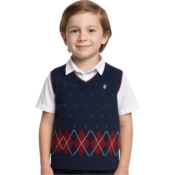 Izod Boys Size 7 Sweater Vest Navy White Red Argyle Preppy Pullover Cotton Knit - Picture 1 of 9